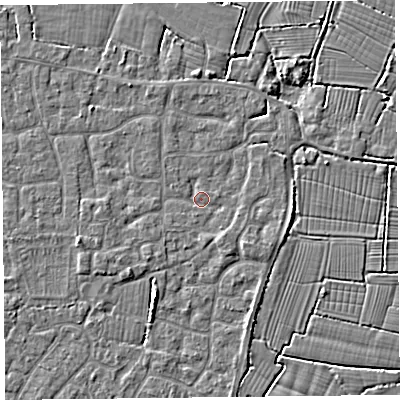 Shaded relief map of the ground around TA82SU, computed from Environment Agency LiDAR. The ground here sits at about 5 m above sea level and falls 3 m across the surrounding 800 m. Surface water reaching this point runs off ground lying to the south-south-east, 1.1 m higher.