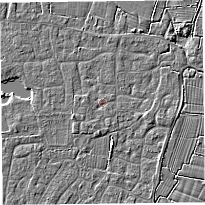 Shaded relief map of the ground around TA82SX, computed from Environment Agency LiDAR. The ground here sits at about 6 m above sea level and falls 3 m across the surrounding 800 m. Surface water reaching this point runs off ground lying to the south, 1.2 m higher.