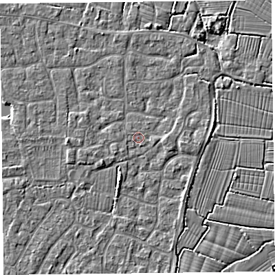 Shaded relief map of the ground around TA82SY, computed from Environment Agency LiDAR. The ground here sits at about 6 m above sea level and falls 3 m across the surrounding 800 m. Surface water reaching this point runs off ground lying to the south-west, 0.7 m higher.