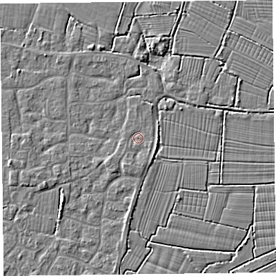 Shaded relief map of the ground around TA82SZ, computed from Environment Agency LiDAR. The ground here sits at about 6 m above sea level and falls 3 m across the surrounding 800 m. Surface water reaching this point runs off ground lying to the south, 1.0 m higher.