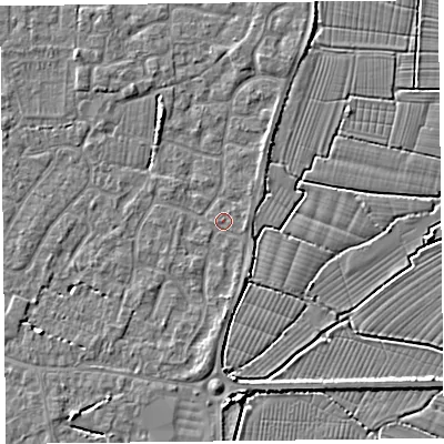 Shaded relief map of the ground around TA82TA, computed from Environment Agency LiDAR. The ground here sits at about 6 m above sea level and falls 5 m across the surrounding 800 m. Surface water reaching this point runs off ground lying to the east-south-east, 0.8 m higher.