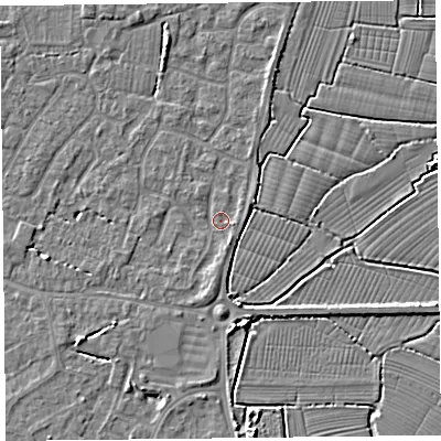 Shaded relief map of the ground around TA82TD, computed from Environment Agency LiDAR. The ground here sits at about 5 m above sea level and falls 5 m across the surrounding 800 m. Surface water reaching this point runs off ground lying to the north-north-west, 2.3 m higher.