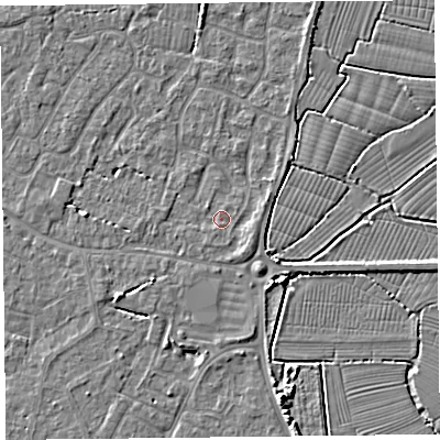 Shaded relief map of the ground around TA82TE, computed from Environment Agency LiDAR. The ground here sits at about 5 m above sea level and falls 5 m across the surrounding 800 m. Surface water reaching this point runs off ground lying to the north, 1.6 m higher.