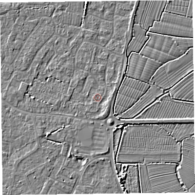Shaded relief map of the ground around TA82TF, computed from Environment Agency LiDAR. The ground here sits at about 5 m above sea level and falls 5 m across the surrounding 800 m. Surface water reaching this point runs off ground lying to the south-east, 1.4 m higher.