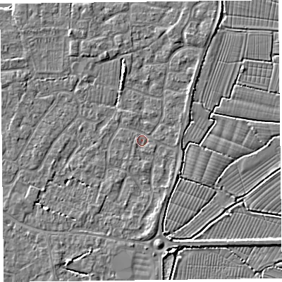 Shaded relief map of the ground around TA82TG, computed from Environment Agency LiDAR. The ground here sits at about 5 m above sea level and falls 5 m across the surrounding 800 m. Surface water reaching this point runs off ground lying to the north-north-west, 2.3 m higher.
