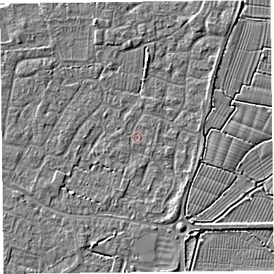 Shaded relief map of the ground around TA82TL, computed from Environment Agency LiDAR. The ground here sits at about 5 m above sea level and falls 5 m across the surrounding 800 m. Surface water reaching this point runs off ground lying to the north-north-east, 0.9 m higher.