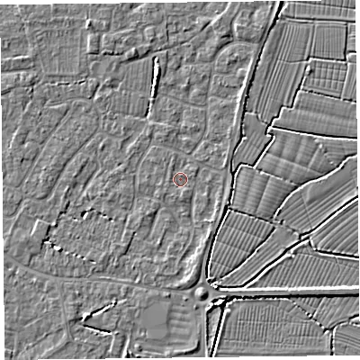 Shaded relief map of the ground around TA82TQ, computed from Environment Agency LiDAR. The ground here sits at about 5 m above sea level and falls 5 m across the surrounding 800 m. Surface water reaching this point runs off ground lying to the north-north-west, 2.3 m higher.