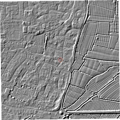 Shaded relief map of the ground around TA82TR, computed from Environment Agency LiDAR. The ground here sits at about 5 m above sea level and falls 4 m across the surrounding 800 m. Surface water reaching this point runs off ground lying to the north-west, 2.3 m higher.