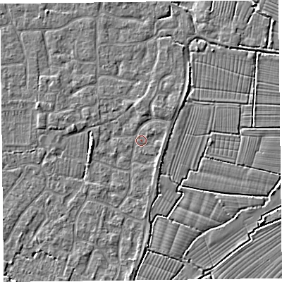 Shaded relief map of the ground around TA82TS, computed from Environment Agency LiDAR. The ground here sits at about 6 m above sea level and falls 3 m across the surrounding 800 m. Surface water reaching this point runs off ground lying to the north-north-east, 1.4 m higher.