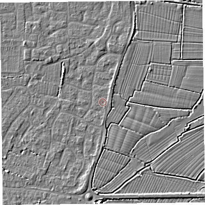 Shaded relief map of the ground around TA82TT, computed from Environment Agency LiDAR. The ground here sits at about 5 m above sea level and falls 4 m across the surrounding 800 m. Surface water reaching this point runs off ground lying to the north-east, 0.8 m higher.