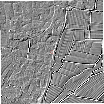 Shaded relief map of the ground around TA82TU, computed from Environment Agency LiDAR. The ground here sits at about 5 m above sea level and falls 3 m across the surrounding 800 m. Surface water reaching this point runs off ground lying to the east-north-east, 1.1 m higher.