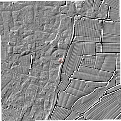 Shaded relief map of the ground around TA82TX, computed from Environment Agency LiDAR. The ground here sits at about 6 m above sea level and falls 3 m across the surrounding 800 m. Surface water reaching this point runs off ground lying to the east, 0.9 m higher.