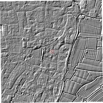 Shaded relief map of the ground around TA82TY, computed from Environment Agency LiDAR. The ground here sits at about 6 m above sea level and falls 3 m across the surrounding 800 m. Surface water reaching this point runs off ground lying to the north-west, 1.1 m higher.