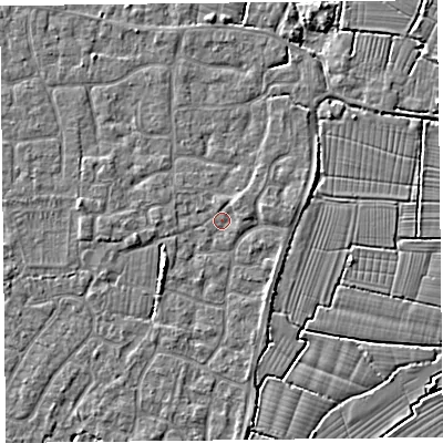 Shaded relief map of the ground around TA82TZ, computed from Environment Agency LiDAR. The ground here sits at about 6 m above sea level and falls 3 m across the surrounding 800 m. Surface water reaching this point runs off ground lying to the north, 0.7 m higher.