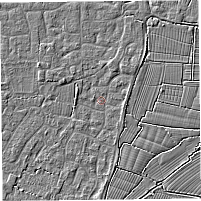 Shaded relief map of the ground around TA82UB, computed from Environment Agency LiDAR. The ground here sits at about 6 m above sea level and falls 3 m across the surrounding 800 m. Surface water reaching this point runs off ground lying to the north-north-east, 1.4 m higher.