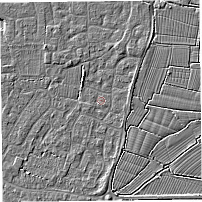 Shaded relief map of the ground around TA82UD, computed from Environment Agency LiDAR. The ground here sits at about 5 m above sea level and falls 3 m across the surrounding 800 m. Surface water reaching this point runs off ground lying to the north-west, 2.2 m higher.