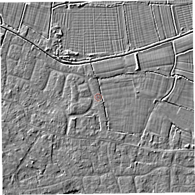 Shaded relief map of the ground around TA82UW, computed from Environment Agency LiDAR. The ground here sits at about 6 m above sea level and falls 4 m across the surrounding 800 m. Surface water reaching this point runs off ground lying to the south-south-east, 1.3 m higher.