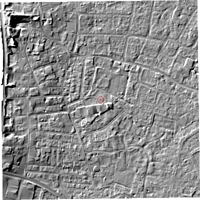 Shaded relief map of the ground around TA89DX, computed from Environment Agency LiDAR. The ground here sits at about 6 m above sea level and falls 9 m across the surrounding 800 m. Surface water reaching this point runs off ground lying to the south-west, 0.8 m higher.