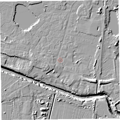 Shaded relief map of the ground around TA93AE, computed from Environment Agency LiDAR. The ground here sits at about 6 m above sea level and falls 12 m across the surrounding 800 m. Surface water reaching this point runs off ground lying to the south-west, 1.9 m higher.