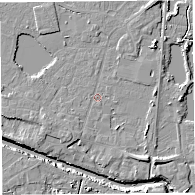Shaded relief map of the ground around TA93AF, computed from Environment Agency LiDAR. The ground here sits at about 5 m above sea level and falls 12 m across the surrounding 800 m. Surface water reaching this point runs off ground lying to the south-south-west, 2.4 m higher.
