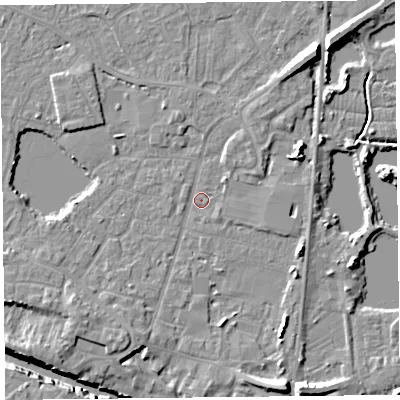 Shaded relief map of the ground around TA93AG, computed from Environment Agency LiDAR. The ground here sits at about 5 m above sea level and falls 12 m across the surrounding 800 m. Surface water reaching this point runs off ground lying to the east-north-east, 1.7 m higher.