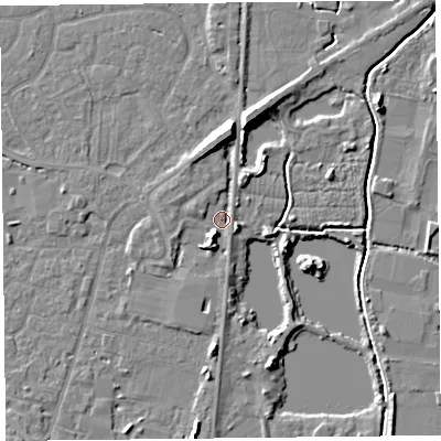 Shaded relief map of the ground around TA93AH, computed from Environment Agency LiDAR. The ground here sits at about 6 m above sea level and falls 8 m across the surrounding 800 m. Surface water reaching this point runs off ground lying to the south-south-west, 4.6 m higher.