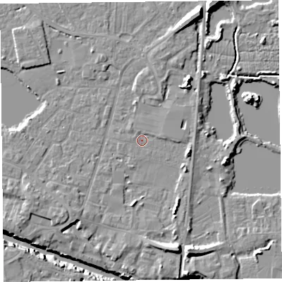 Shaded relief map of the ground around TA93AJ, computed from Environment Agency LiDAR. The ground here sits at about 5 m above sea level and falls 12 m across the surrounding 800 m. Surface water reaching this point runs off ground lying to the east-north-east, 1.0 m higher.