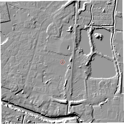 Shaded relief map of the ground around TA93AL, computed from Environment Agency LiDAR. The ground here sits at about 5 m above sea level and falls 12 m across the surrounding 800 m. Surface water reaching this point runs off ground lying to the east-north-east, 3.2 m higher.