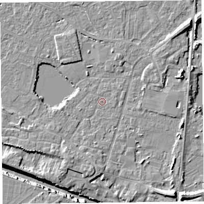 Shaded relief map of the ground around TA93AN, computed from Environment Agency LiDAR. The ground here sits at about 5 m above sea level and falls 12 m across the surrounding 800 m. Surface water reaching this point runs off ground lying to the south-south-west, 3.5 m higher.