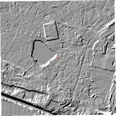 Shaded relief map of the ground around TA93AP, computed from Environment Agency LiDAR. The ground here sits at about 5 m above sea level and falls 11 m across the surrounding 800 m. Surface water reaching this point runs off ground lying to the south, 4.7 m higher.