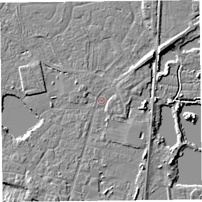 Shaded relief map of the ground around TA93AQ, computed from Environment Agency LiDAR. The ground here sits at about 5 m above sea level and falls 8 m across the surrounding 800 m. Surface water reaching this point runs off ground lying to the south-east, 1.7 m higher.