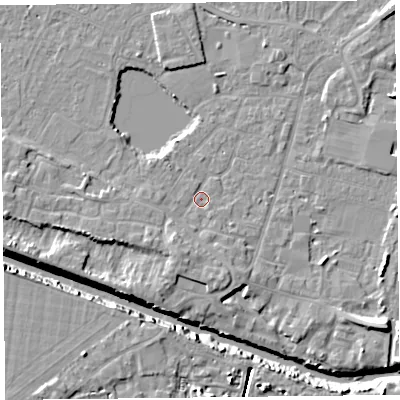 Shaded relief map of the ground around TA93AR, computed from Environment Agency LiDAR. The ground here sits at about 5 m above sea level and falls 12 m across the surrounding 800 m. Surface water reaching this point runs off ground lying to the south-south-west, 3.0 m higher.