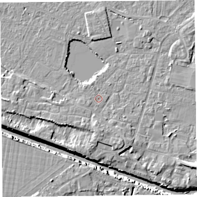 Shaded relief map of the ground around TA93AS, computed from Environment Agency LiDAR. The ground here sits at about 5 m above sea level and falls 10 m across the surrounding 800 m. Surface water reaching this point runs off ground lying to the west-south-west, 0.9 m higher.