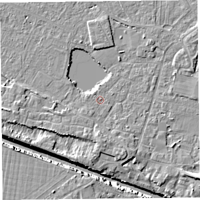 Shaded relief map of the ground around TA93AT, computed from Environment Agency LiDAR. The ground here sits at about 6 m above sea level and falls 10 m across the surrounding 800 m. Surface water reaching this point runs off ground lying to the south-west, 0.9 m higher.
