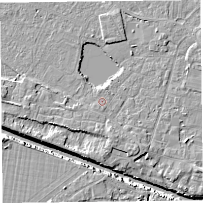 Shaded relief map of the ground around TA93AU, computed from Environment Agency LiDAR. The ground here sits at about 6 m above sea level and falls 10 m across the surrounding 800 m. Surface water reaching this point runs off ground lying to the north-north-east, 0.6 m higher.