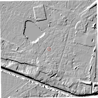 Shaded relief map of the ground around TA93AW, computed from Environment Agency LiDAR. The ground here sits at about 5 m above sea level and falls 12 m across the surrounding 800 m. Surface water reaching this point runs off ground lying to the south-south-west, 3.5 m higher.