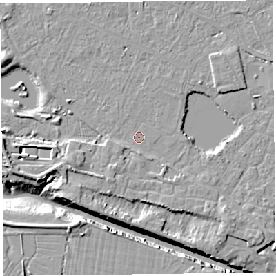 Shaded relief map of the ground around TA93AX, computed from Environment Agency LiDAR. The ground here sits at about 5 m above sea level and falls 11 m across the surrounding 800 m. Surface water reaching this point runs off ground lying to the south-west, 2.5 m higher.