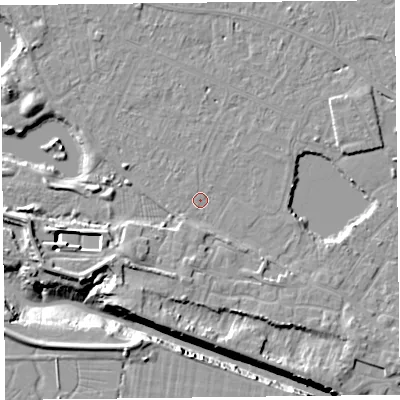 Shaded relief map of the ground around TA93AY, computed from Environment Agency LiDAR. The ground here sits at about 5 m above sea level and falls 11 m across the surrounding 800 m. Surface water reaching this point runs off ground lying to the south-south-west, 2.8 m higher.