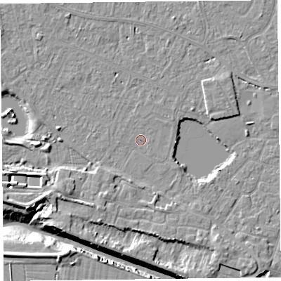 Shaded relief map of the ground around TA93AZ, computed from Environment Agency LiDAR. The ground here sits at about 5 m above sea level and falls 11 m across the surrounding 800 m. Surface water reaching this point runs off ground lying to the south-west, 4.2 m higher.