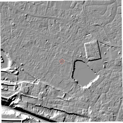 Shaded relief map of the ground around TA93BA, computed from Environment Agency LiDAR. The ground here sits at about 5 m above sea level and falls 11 m across the surrounding 800 m. Surface water reaching this point runs off ground lying to the south, 3.2 m higher.