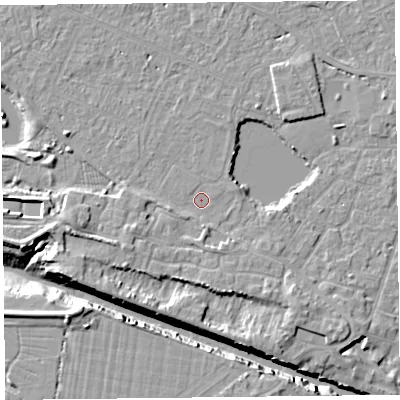 Shaded relief map of the ground around TA93BD, computed from Environment Agency LiDAR. The ground here sits at about 5 m above sea level and falls 11 m across the surrounding 800 m. Surface water reaching this point runs off ground lying to the west-south-west, 4.2 m higher.