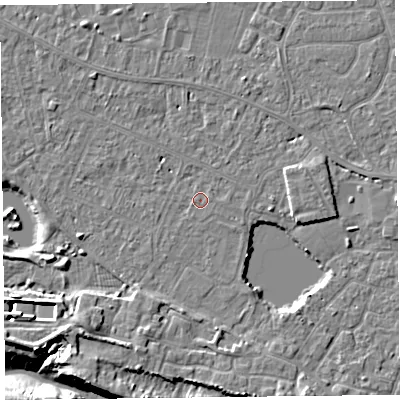 Shaded relief map of the ground around TA93BH, computed from Environment Agency LiDAR. The ground here sits at about 5 m above sea level and falls 11 m across the surrounding 800 m. Surface water reaching this point runs off ground lying to the south, 3.2 m higher.