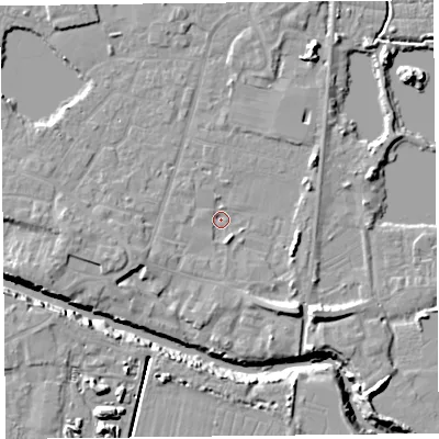 Shaded relief map of the ground around TA93BJ, computed from Environment Agency LiDAR. The ground here sits at about 4 m above sea level and falls 12 m across the surrounding 800 m. Surface water reaching this point runs off ground lying to the west, 1.6 m higher.
