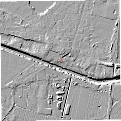 Shaded relief map of the ground around TA93BL, computed from Environment Agency LiDAR. The ground here sits at about 6 m above sea level and falls 12 m across the surrounding 800 m. Surface water reaching this point runs off ground lying to the north-north-west, 1.4 m higher.