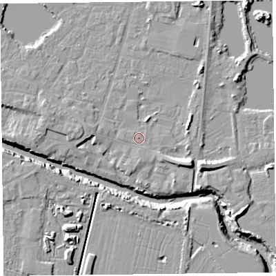 Shaded relief map of the ground around TA93BP, computed from Environment Agency LiDAR. The ground here sits at about 5 m above sea level and falls 12 m across the surrounding 800 m. The ground contributing surface water to this point lies to the east-south-east.