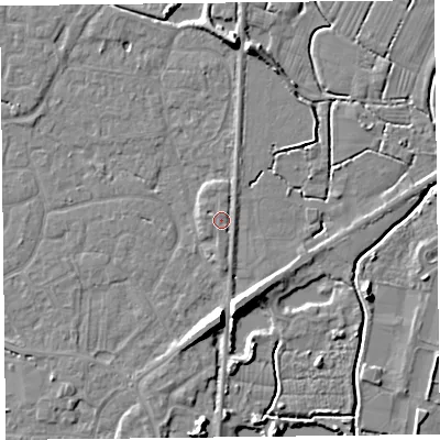 Shaded relief map of the ground around TA93BQ, computed from Environment Agency LiDAR. The ground here sits at about 6 m above sea level and falls 8 m across the surrounding 800 m. Surface water reaching this point runs off ground lying to the south, 1.3 m higher.