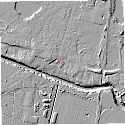 Shaded relief map of the ground around TA93BW, computed from Environment Agency LiDAR. The ground here sits at about 5 m above sea level and falls 12 m across the surrounding 800 m. Surface water reaching this point runs off ground lying to the east-south-east, 7.2 m higher.