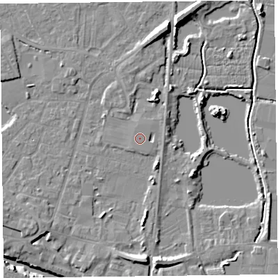 Shaded relief map of the ground around TA93BX, computed from Environment Agency LiDAR. The ground here sits at about 6 m above sea level and falls 12 m across the surrounding 800 m. The ground contributing surface water to this point lies to the north.