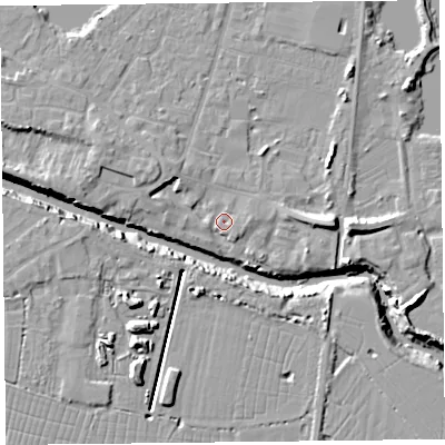 Shaded relief map of the ground around TA93BY, computed from Environment Agency LiDAR. The ground here sits at about 5 m above sea level and falls 12 m across the surrounding 800 m. Surface water reaching this point runs off ground lying to the east, 7.2 m higher.