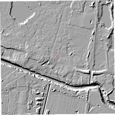 Shaded relief map of the ground around TA93DA, computed from Environment Agency LiDAR. The ground here sits at about 5 m above sea level and falls 12 m across the surrounding 800 m. Surface water reaching this point runs off ground lying to the east-south-east, 6.8 m higher.